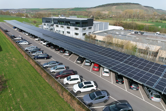 Image: Aerial photograph of LAUDA parking lot with photovoltaic system